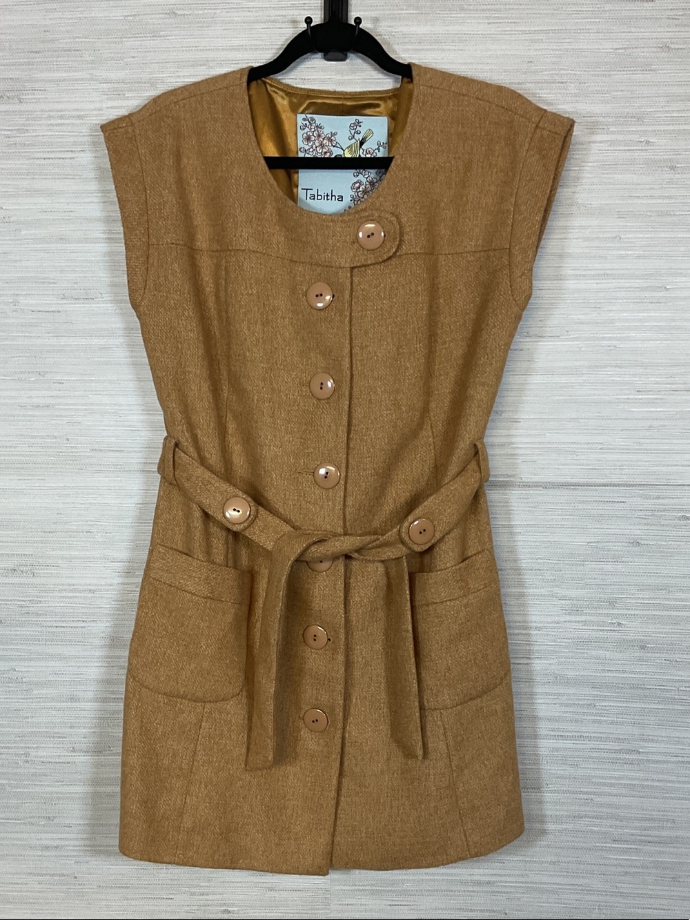 Anthropologie Tabitha Camel Brown Button Front Belted Mini Dress Tunic Vest 10